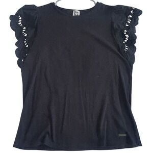 Anne Klein Black 100% Cotton Eyelet Flutter Sleeve Knit Top Large L